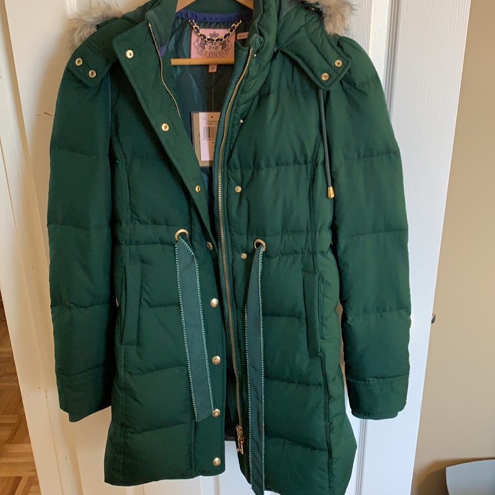 NWT Juicy Couture forest green parka w/ velvet waist ties size M